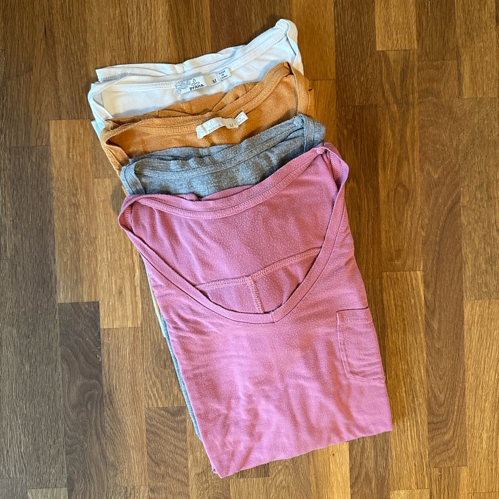 Set of four Prana Women’s Foundation Short Sleeve V-neck tee shirts